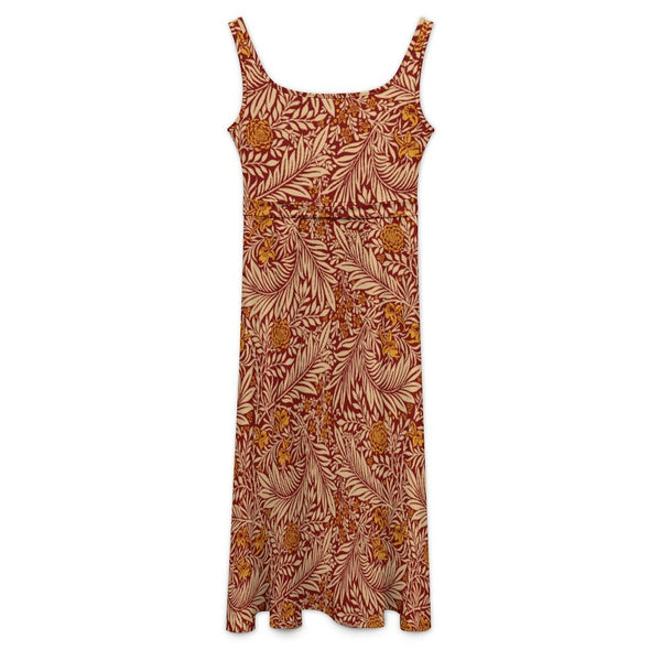 Intricate Leaves Tie Waist Sleeveless Dress Bright Garnet