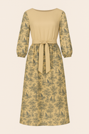 Vintage Toile Chat Noir Boat Neck Belted Flared Dress Sand Beige