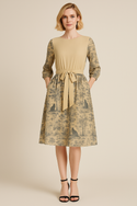 Vintage Toile Chat Noir Boat Neck Belted Flared Dress Sand Beige