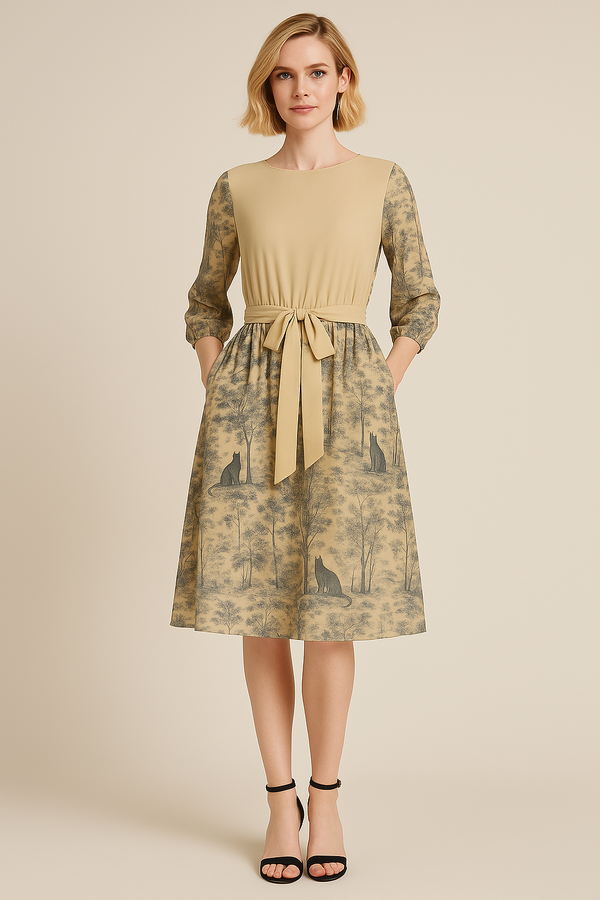 Vintage Toile Chat Noir Boat Neck Belted Flared Dress Sand Beige