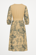 Vintage Toile Chat Noir Boat Neck Belted Flared Dress Sand Beige