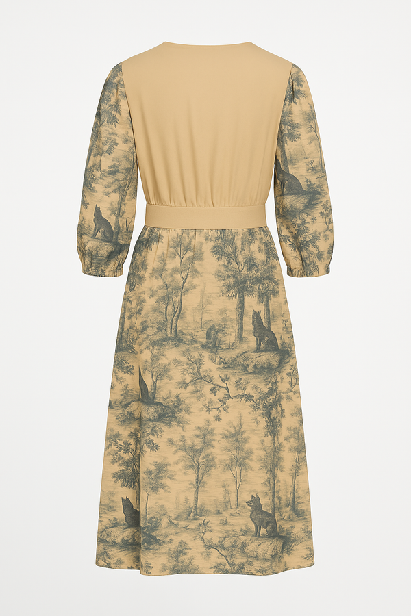 Vintage Toile Chat Noir Boat Neck Belted Flared Dress Sand Beige
