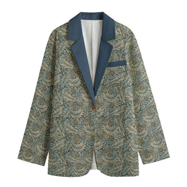 Intricate Leaves Women's Cotton Leisure Blazer Ink Blue