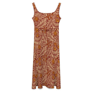 INTRICATE LEAVES TIE WAIST SLEEVELESS DRESS BRIGHT GARNET
