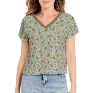 iced Blue & gold flowers Batwing Sleeve V-Neck Top bronzed gold