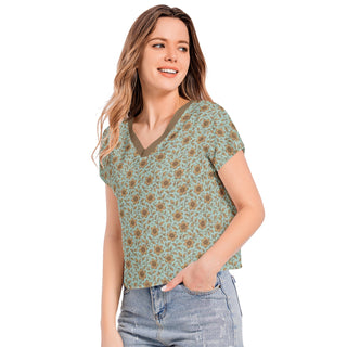 iced Blue & gold flowers Batwing Sleeve V-Neck Top bronzed gold
