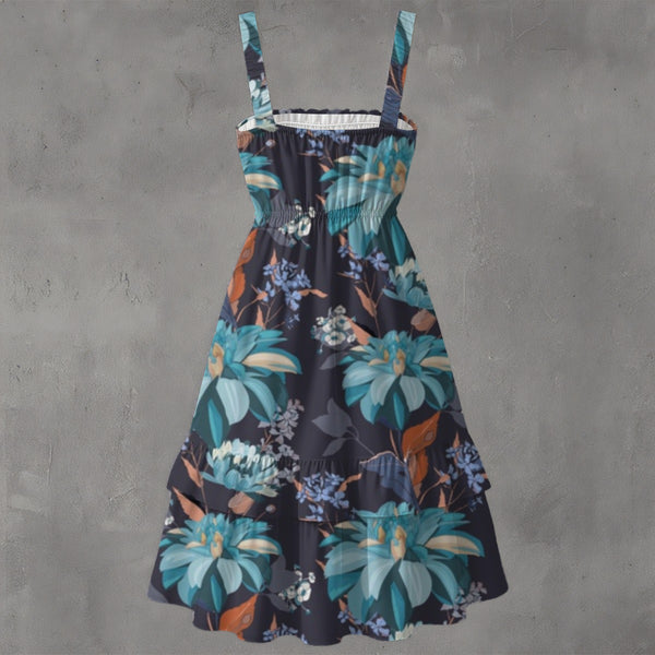 BLUE & ORANGE FLORAL WOMEN'S RUFFLE HEM DRESS MULTI