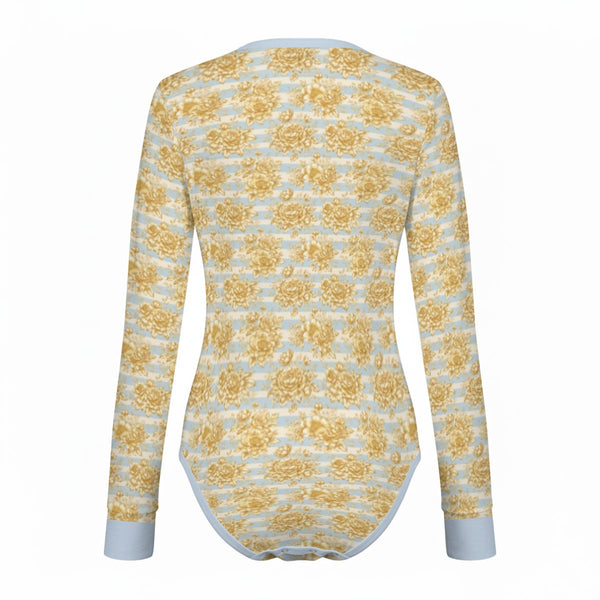 Gold Flowers & Stripes Women's Long Sleeve Bodysuit Light Spring Blue