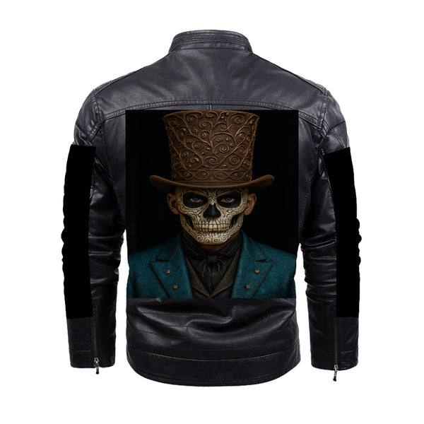 SKULL FACE MEN'S FLEECE DECORATIVE ZIPPER LEATHER JACKET BLACK