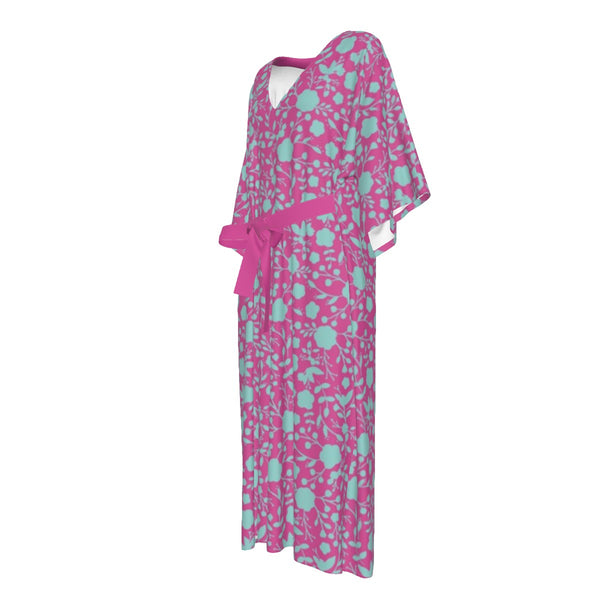Blue On Pink Flowers Women's Long Dress Bright Flamingo Pink
