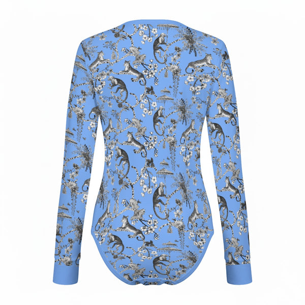 Cheetahs & Monkeys Women's Long Sleeve Bodysuit Wedgewood Blue