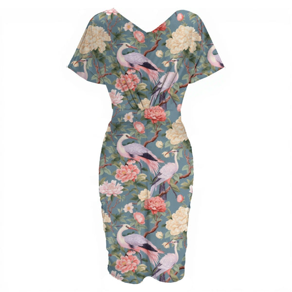 PASTEL BIRDS WOMEN'S V-NECK PLEATED DRESS MULTI