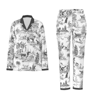 DOG TOILE WOMEN'S LONG SLEEVE PYJAMAS SET WITH WHITE CONTRASTING PIPING NIGHT GREY