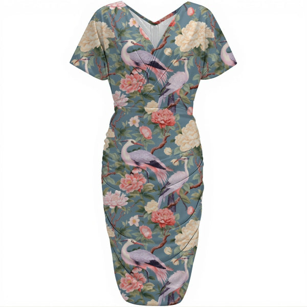 PASTEL BIRDS WOMEN'S V-NECK PLEATED DRESS MULTI