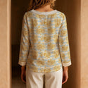 Gold Flowers & Stripes Women's Long Sleeve Casual Top With Tie Collar Light Spring Blue