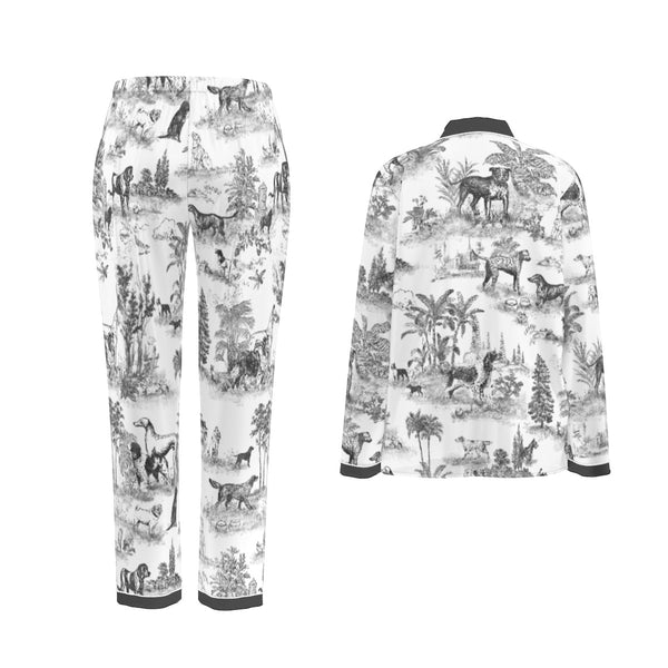 DOG TOILE WOMEN'S LONG SLEEVE PYJAMAS SET WITH WHITE CONTRASTING PIPING NIGHT GREY