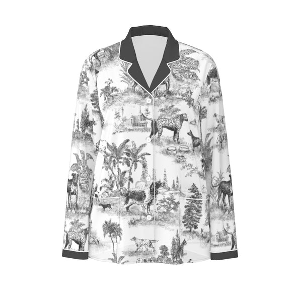 DOG TOILE WOMEN'S LONG SLEEVE PYJAMAS SET WITH WHITE CONTRASTING PIPING NIGHT GREY