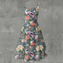 PASTEL BIRDS WOMEN'S RUFFLE HEM DRESS MULTI