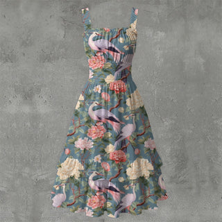 PASTEL BIRDS WOMEN'S RUFFLE HEM DRESS MULTI