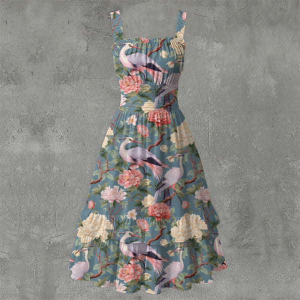 PASTEL BIRDS WOMEN'S RUFFLE HEM DRESS MULTI