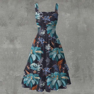 BLUE & ORANGE FLORAL WOMEN'S RUFFLE HEM DRESS MULTI