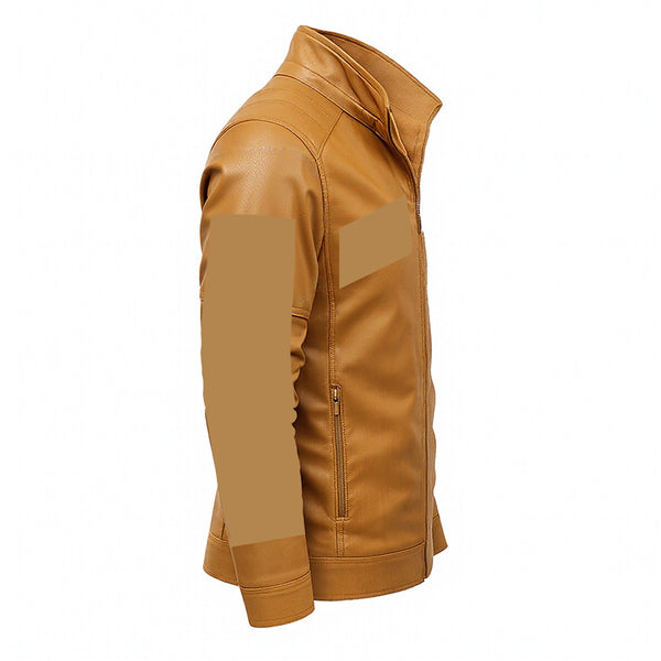 PHOENIX RAISING MEN'S FLEECE DECORATIVE ZIPPER LEATHER JACKET COFFEE