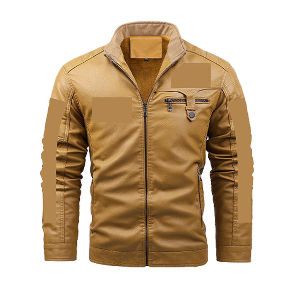 PHOENIX RAISING MEN'S FLEECE DECORATIVE ZIPPER LEATHER JACKET COFFEE