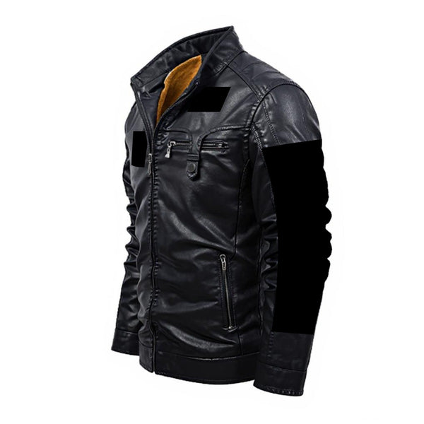 SKULL FACE MEN'S FLEECE DECORATIVE ZIPPER LEATHER JACKET BLACK