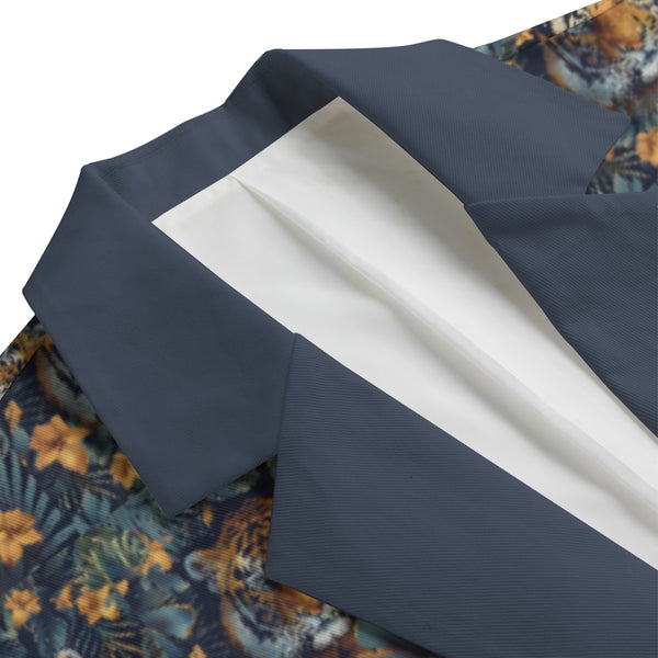 TIGER & TROPICAL LEAVES MEN'S CASUAL FLAT LAPEL COLLAR BLAZER NIGHT BLUE