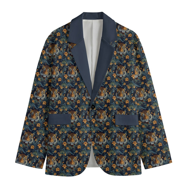 TIGER & TROPICAL LEAVES MEN'S CASUAL FLAT LAPEL COLLAR BLAZER NIGHT BLUE