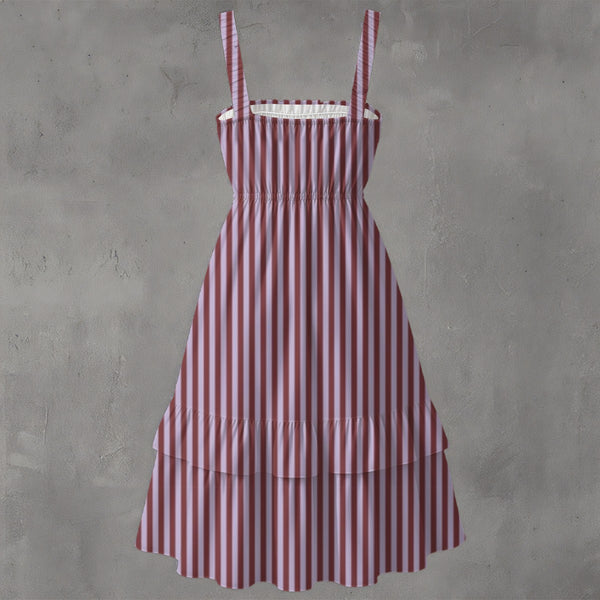 Mauve & Burgundy Fine Stripes Women's Ruffle Hem Dress Multi
