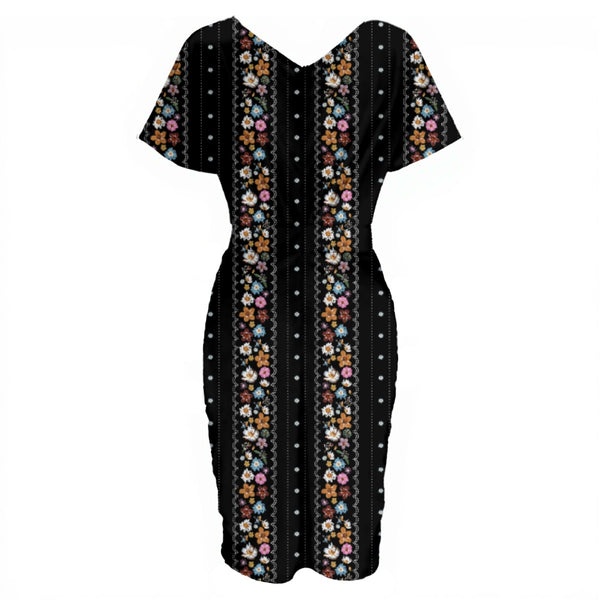 Flower Stripes Women's V-neck Pleated Dress Black