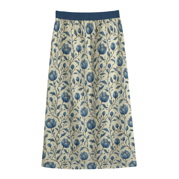 Blue & Cream Floral Women's Front Mid-slit Skirt Violet Indigo