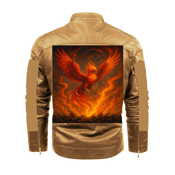 PHOENIX RAISING MEN'S FLEECE DECORATIVE ZIPPER LEATHER JACKET COFFEE