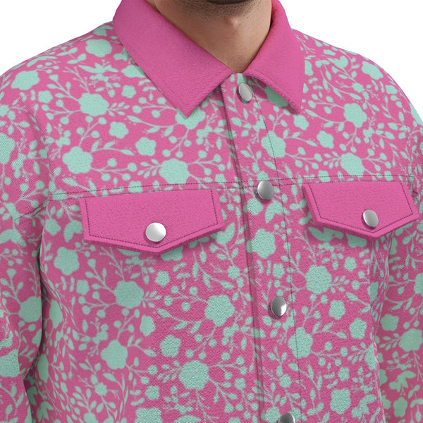 Blue On Pink Flowers Women's Lapel Jacket Bright Flamingo Pink