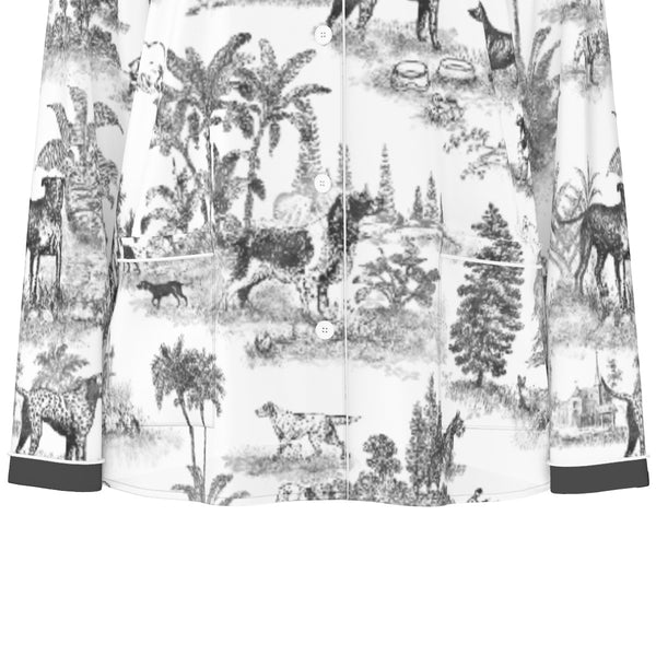 DOG TOILE WOMEN'S LONG SLEEVE PYJAMAS SET WITH WHITE CONTRASTING PIPING NIGHT GREY