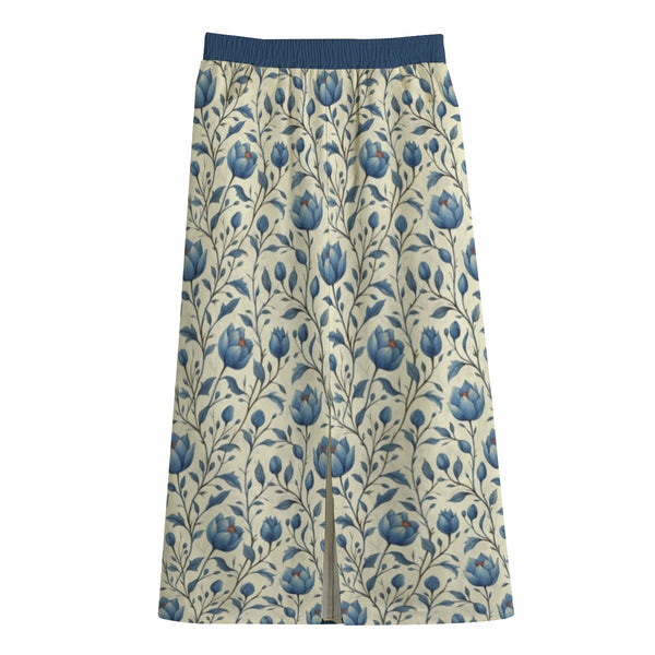 Blue & Cream Floral Women's Front Mid-slit Skirt Violet Indigo