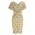 Gold Flowers & Stripes Women's V-neck Pleated Dress Multi