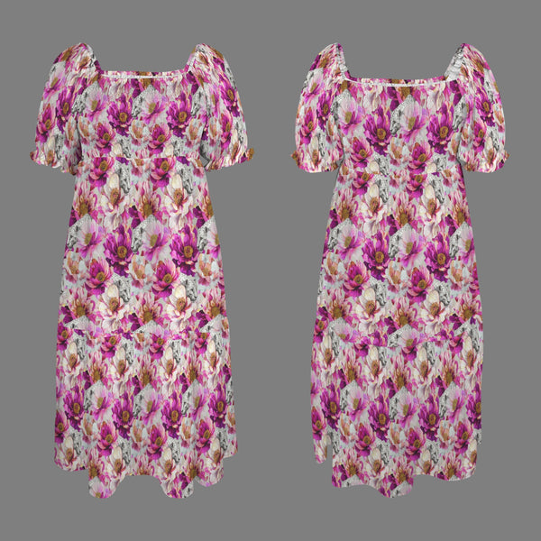 Leopards & Peonies Puff Sleeves Square A-line Dress Symphony Grey