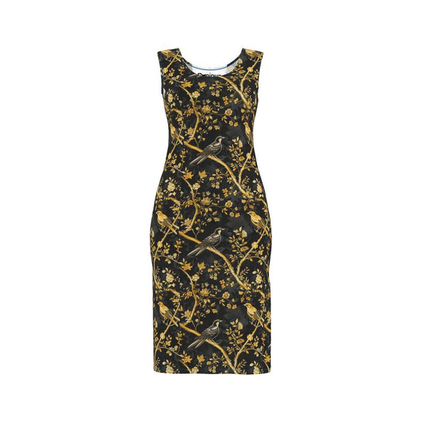 black & gold bird toile bodycon dress
