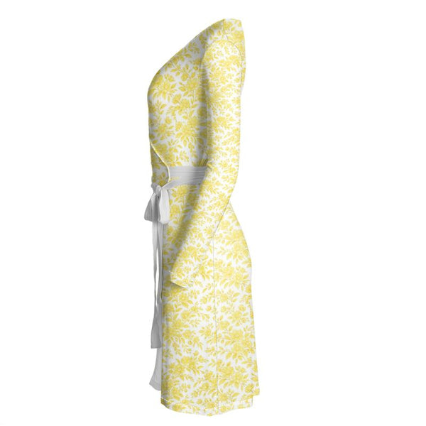 Embroidery Style Flowers Wrap Dress Spring Lemon