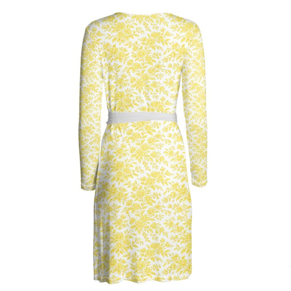 Embroidery Style Flowers Wrap Dress Spring Lemon