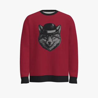 Fox In Bowler Hat Men's Oversized Crew Neck Pullover Ruby Red