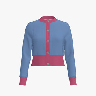 Two Tone Women's Merino Wool Cropped Cardigan Dusk Blue & Rouge