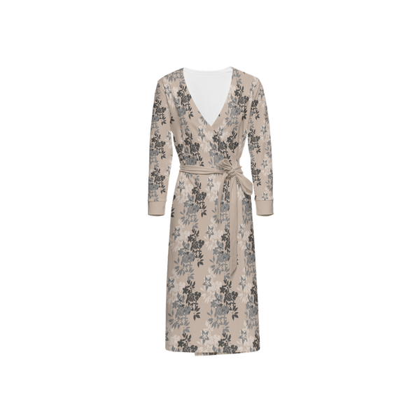 Earthy Floral Women's 3/4 Sleeve Wrap Dress Pale Champagne