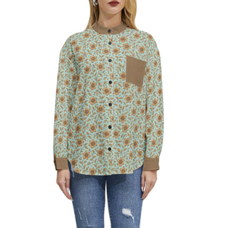iced blue & gold flowers Long Sleeve Button Up Casual Shirt Top bronzed gold
