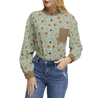 iced blue & gold flowers Long Sleeve Button Up Casual Shirt Top bronzed gold