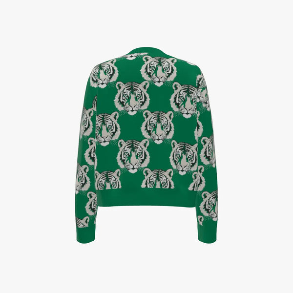 Tiger Head Pattern Women's Boxy Crew Neck Pullover Emerald Green