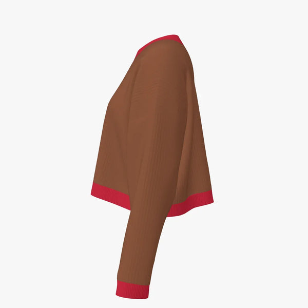 Cat In Bow Women's Crew Neck Cropped Pullover Caramel