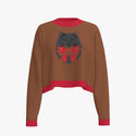 Cat In Bow Women's Crew Neck Cropped Pullover Caramel
